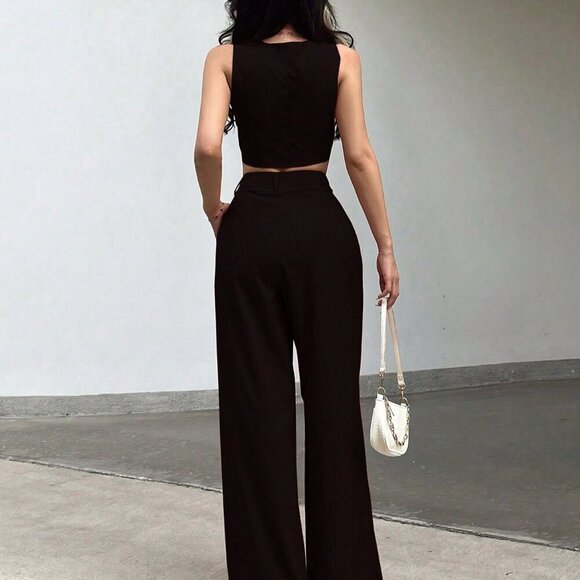 Black Casual Women's Asymmetric Hem Sweetheart Neck Sleeveless Top & Pants Set - Picture 2 of 5